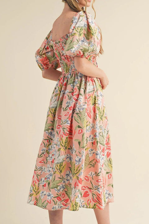 Robe Midi Fleurie Smockée | Rose Abricot | Romantique & Féminine