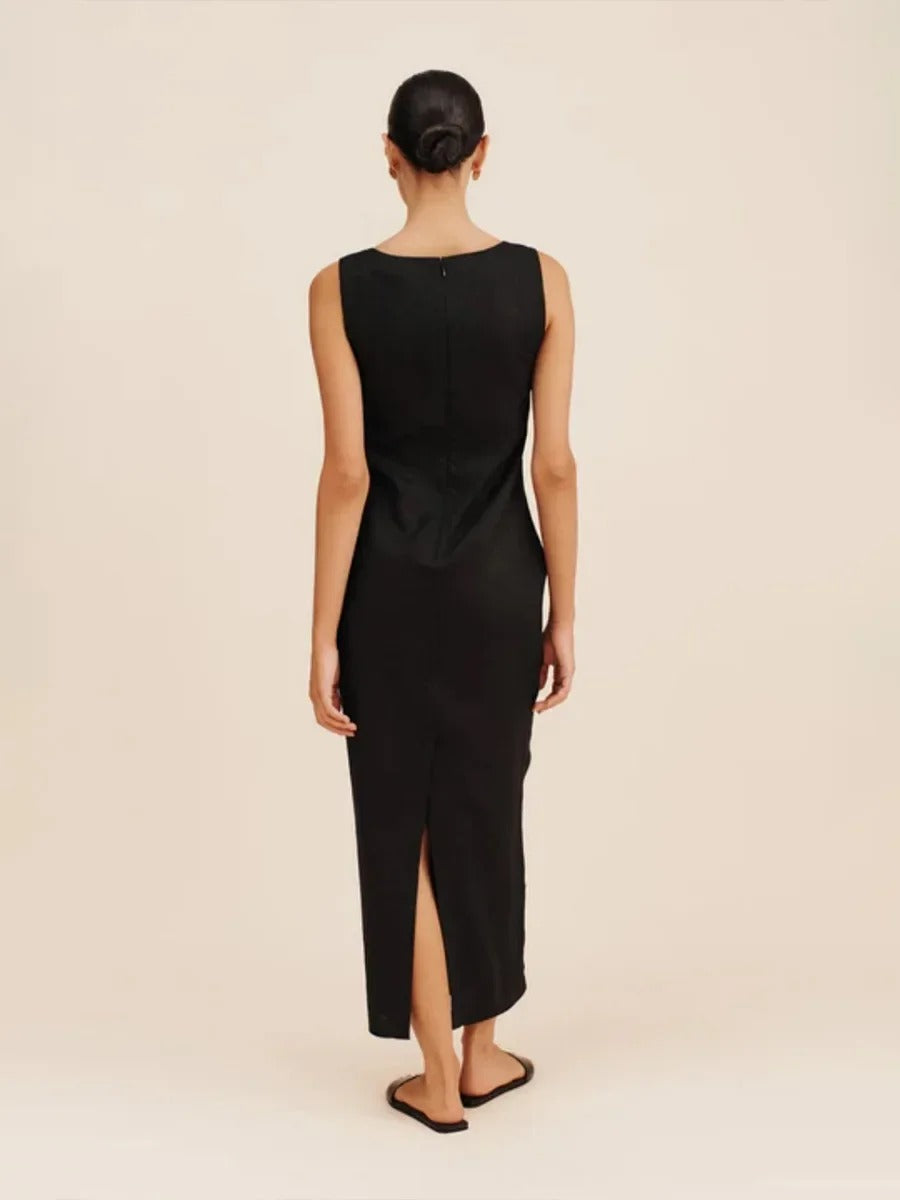 Robe Longue Évasée | Lin mélangé | Encolure carrée | Silhouette structurée