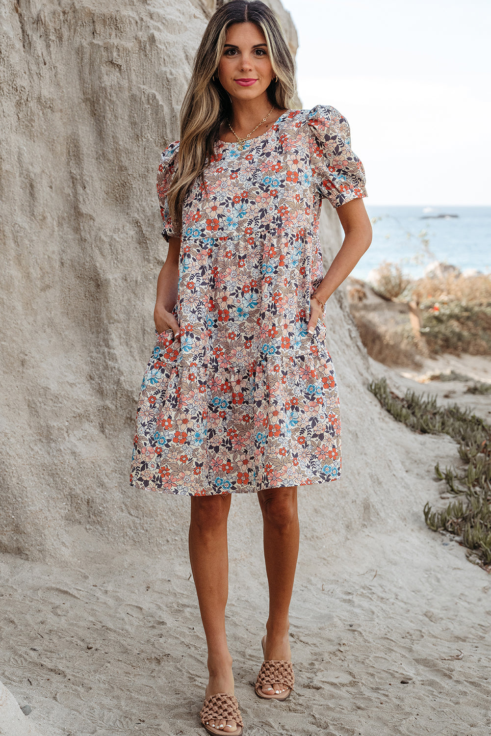 Robe Fleurie à Manches Bouffantes | Abricot | Légère & Féminine