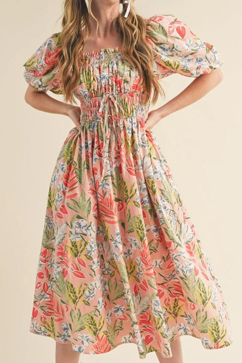 Robe Midi Fleurie Smockée | Rose Abricot | Romantique & Féminine