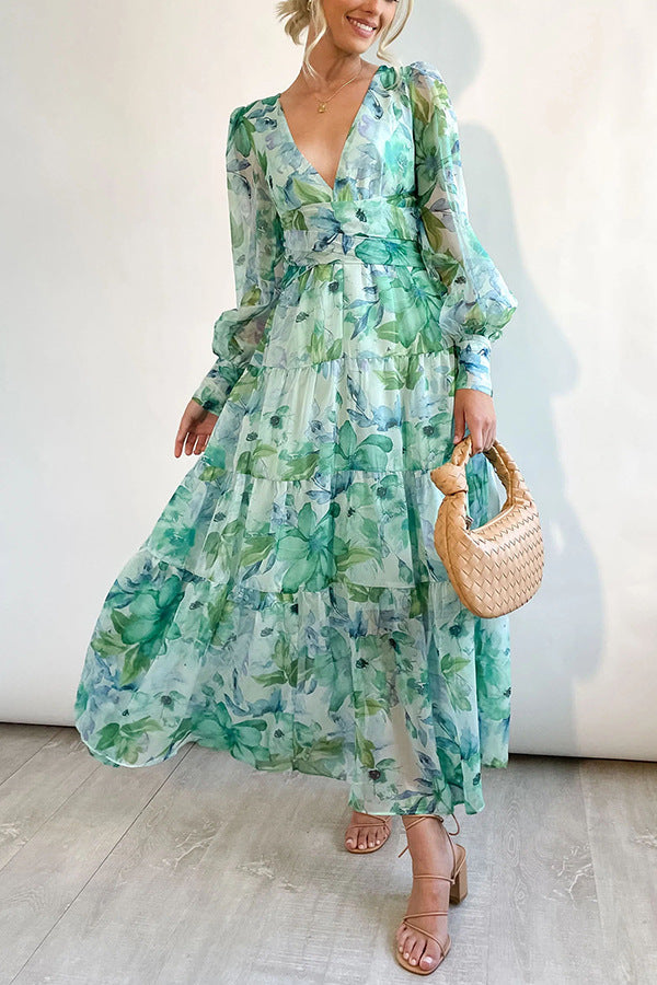 Robe Longue en Mousseline Fleurie | Manches Longues | Élégance Légère et Aérienne