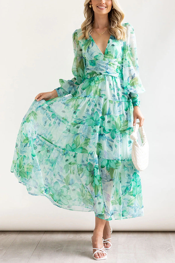 Robe Longue en Mousseline Fleurie | Manches Longues | Élégance Légère et Aérienne