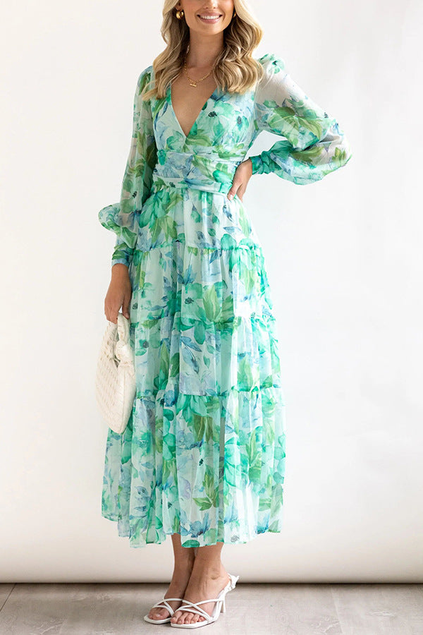 Robe Longue en Mousseline Fleurie | Manches Longues | Élégance Légère et Aérienne