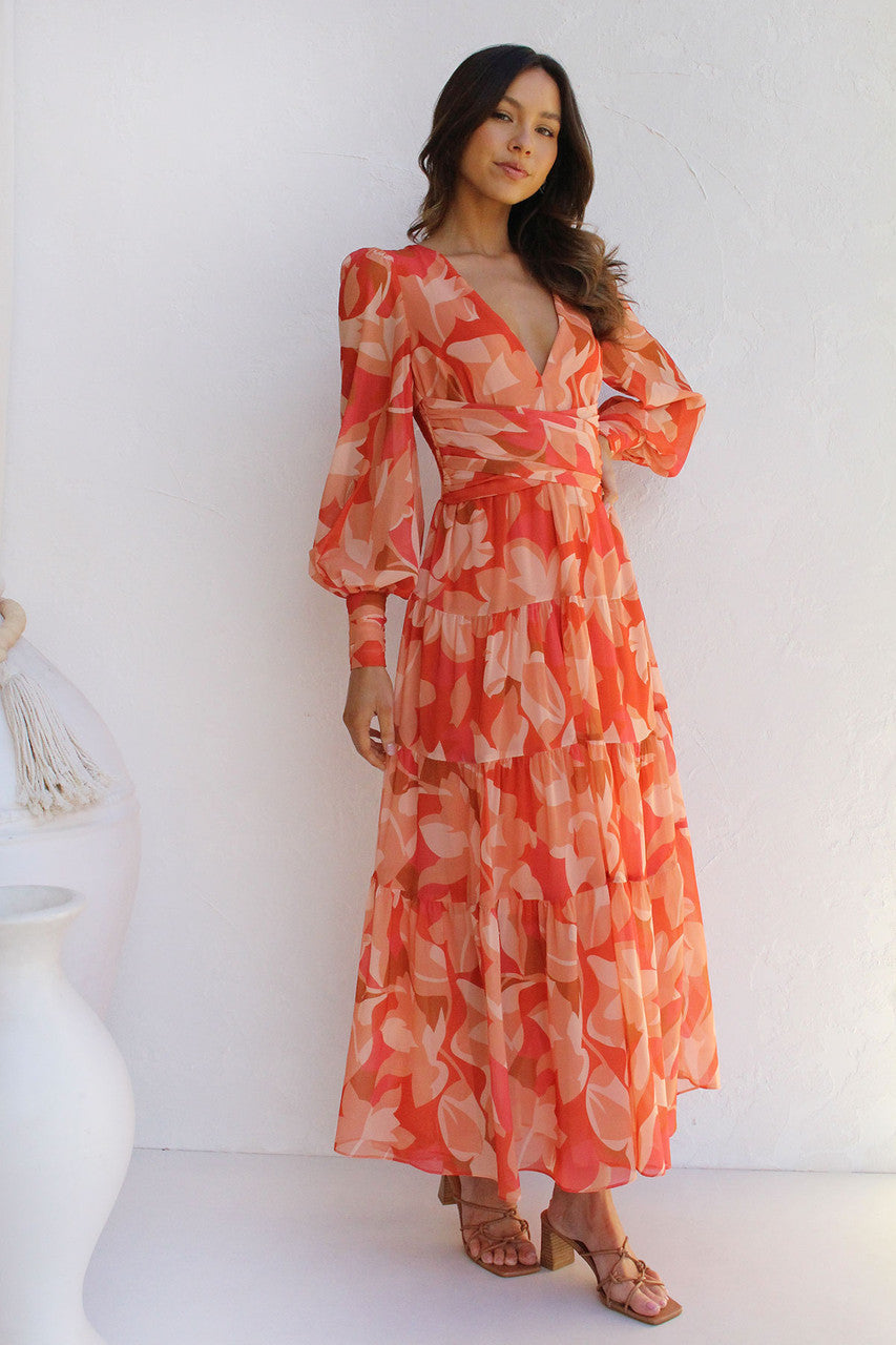Robe Longue en Mousseline Fleurie | Manches Longues | Élégance Légère et Aérienne