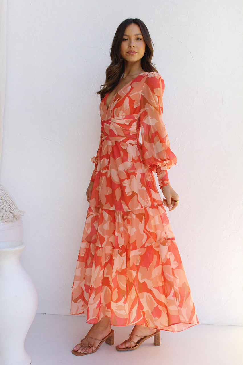 Robe Longue en Mousseline Fleurie | Manches Longues | Élégance Légère et Aérienne