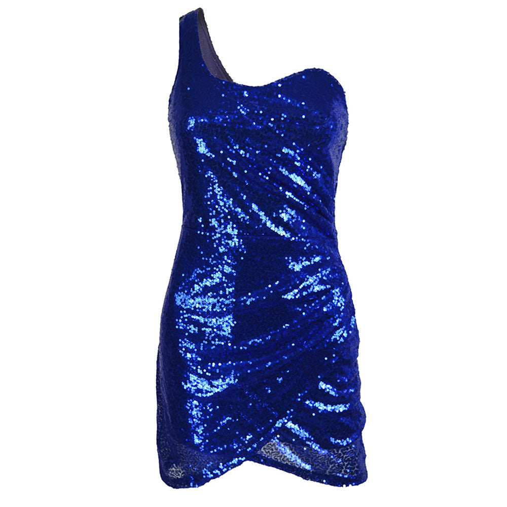 Robe Mini Asymétrique à Paillettes | Bleue | Brillante, Ajustée et Glamour