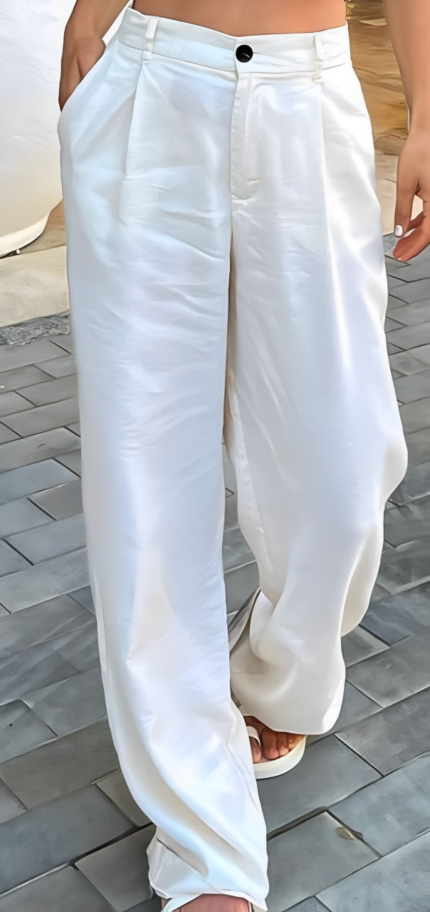 Pantalon Large Taille Haute en Satin | Élégance Décontractée | Parfait pour la Ville ou un Look Chic du Quotidien