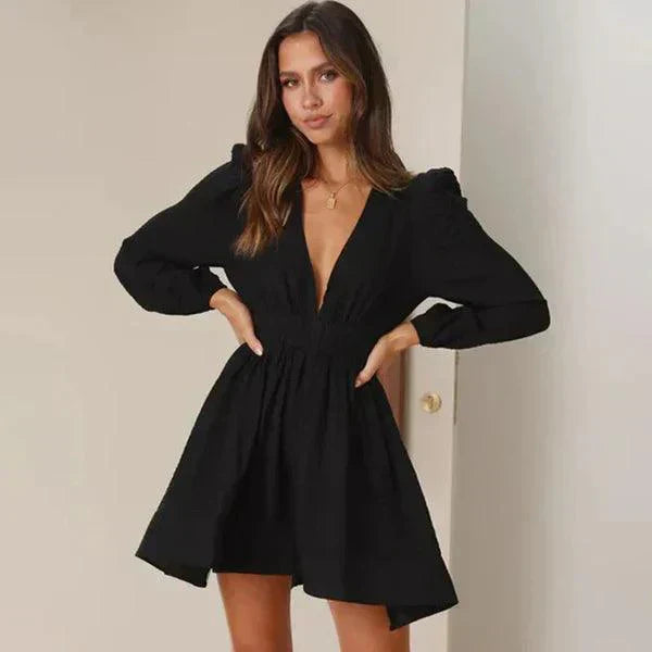 Robe Mini à Manches Bouffantes et Col en V | Élégance Sans Effort | Parfaite pour un Look Jour-Soirée