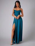 Robe de Soirée en Satin | Décolleté Drapé | Élégance avec Fente Haute