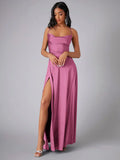 Robe de Soirée en Satin | Décolleté Drapé | Élégance avec Fente Haute