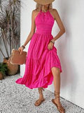 Robe Midi à Col Halter Smockée | Rose Intense | Légère & Fluide