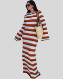 Robe Longue en Maille Crochet à Rayures | Style Rétro | Élégance Décontractée