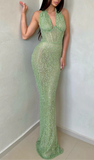 Robe de Soirée Halter à Paillettes | Élégante & Glamour | Coupe Moulante