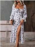 Robe midi fleurie fendue | Blanc & Bleu | Élégance estivale féminine