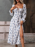 Robe midi fleurie fendue | Blanc & Bleu | Élégance estivale féminine