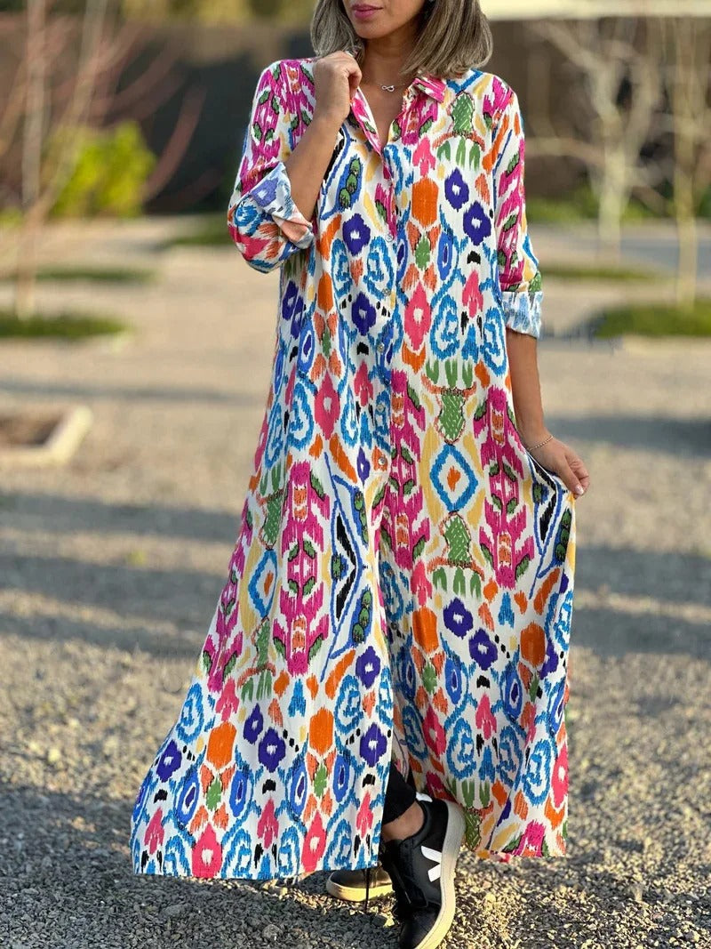 Robe Longue Bohème Ikat | Multicolore | Fluide et Vibrante