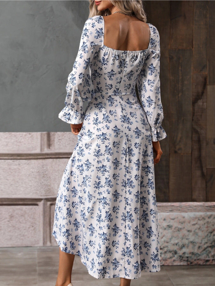 Robe midi fleurie fendue | Blanc & Bleu | Élégance estivale féminine