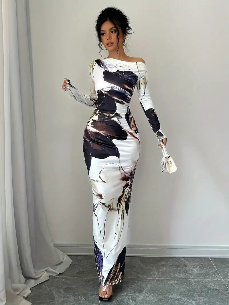 Robe Longue Épaules Dénudées | Coupe Étroite | Imprimé Artistique