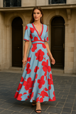 Robe Longue Fleurie | Col V & Manches Évasées | Élégante & Fluide