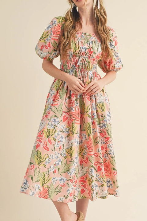 Robe Midi Fleurie Smockée | Rose Abricot | Romantique & Féminine