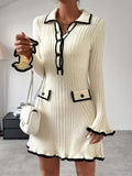 Knitted Dress with Ruffles and Contrasting Edges for Women