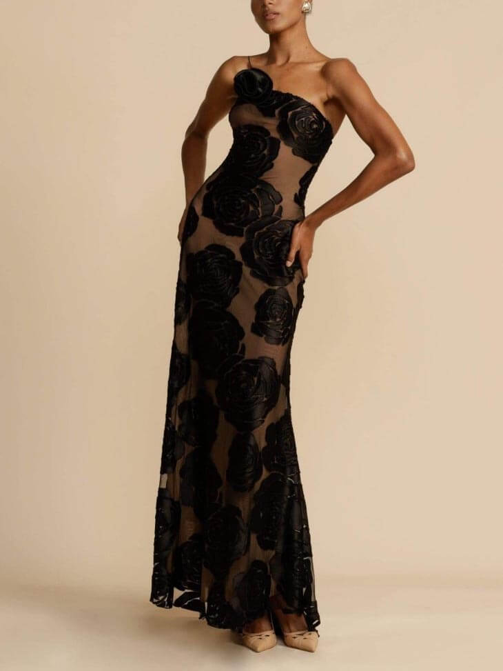Robe Longue Transparente Fleurie | Élégante & Sexy | Robe de Soirée Asymétrique
