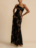 Robe de Soirée Longue Asymétrique | Transparence Florale | Élégance Sculptée