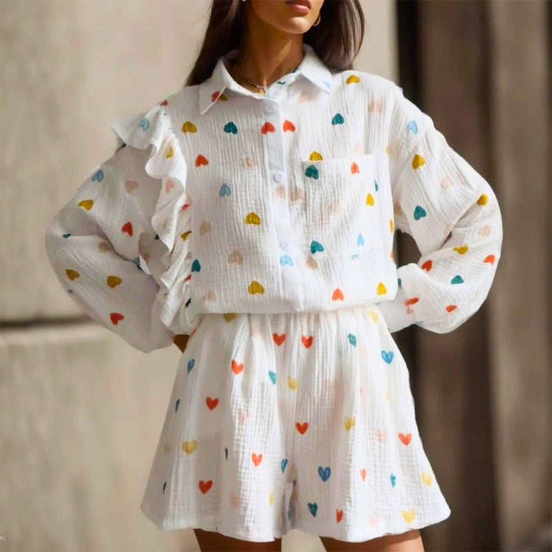 Ensemble à Volants Imprimé Cœur | Chic & Tendance | Léger & Stylé
