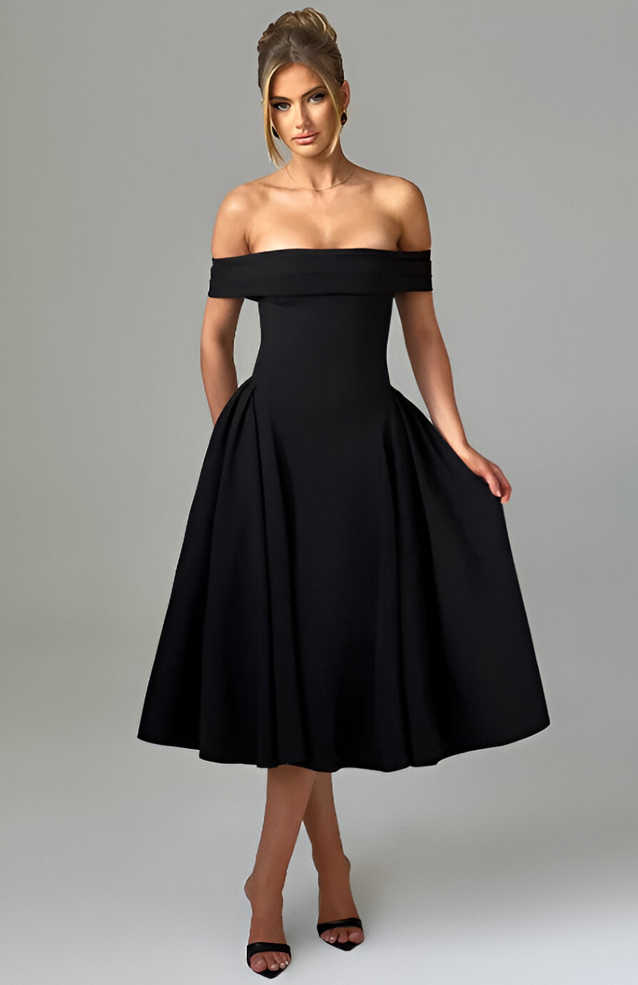 Robe Midi Épaules Dénudées | Noir & Blanc | Chic et Intemporelle