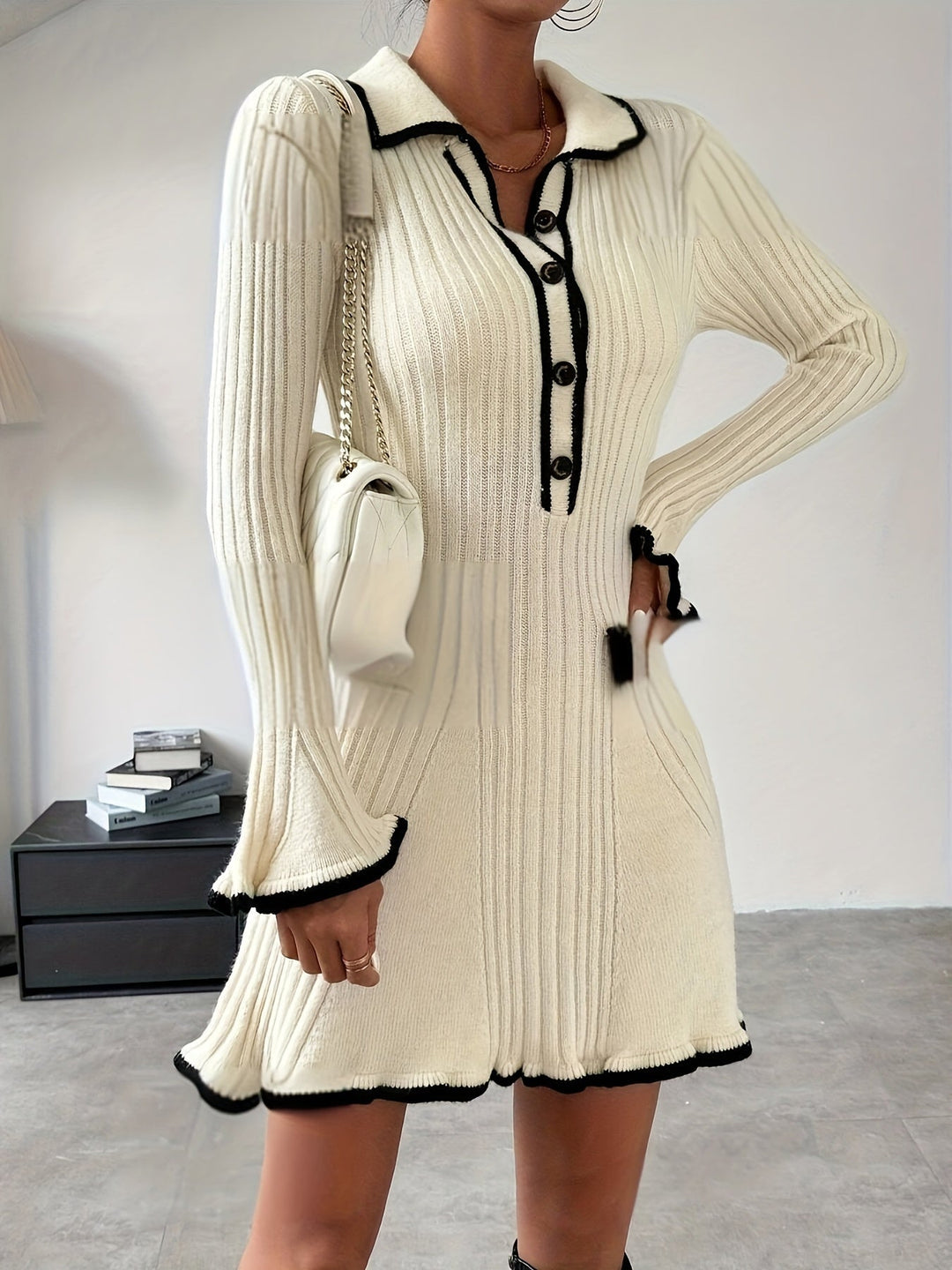 Knitted Dress with Ruffles and Contrasting Edges for Women