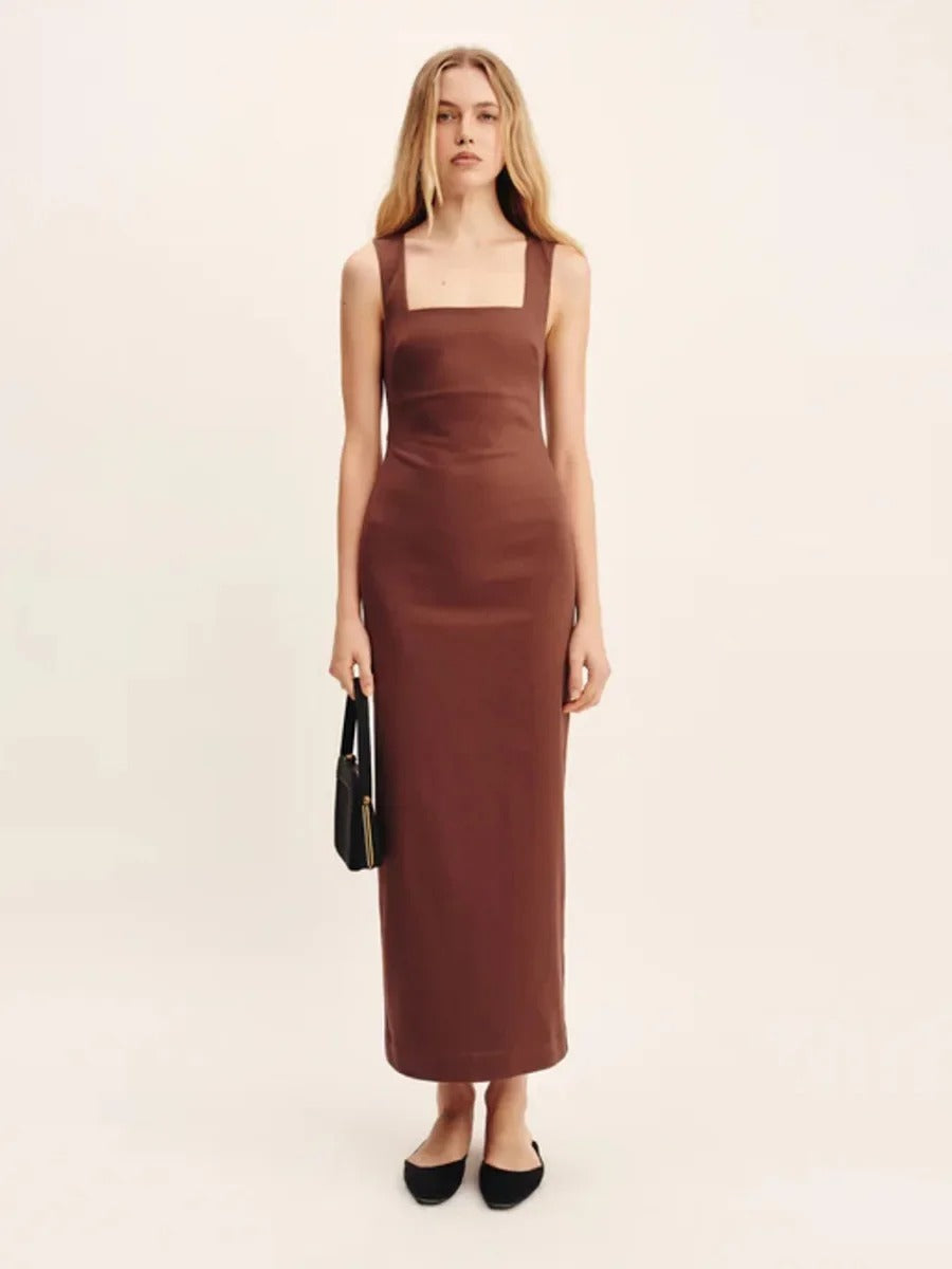 Robe Longue Évasée | Lin mélangé | Encolure carrée | Silhouette structurée