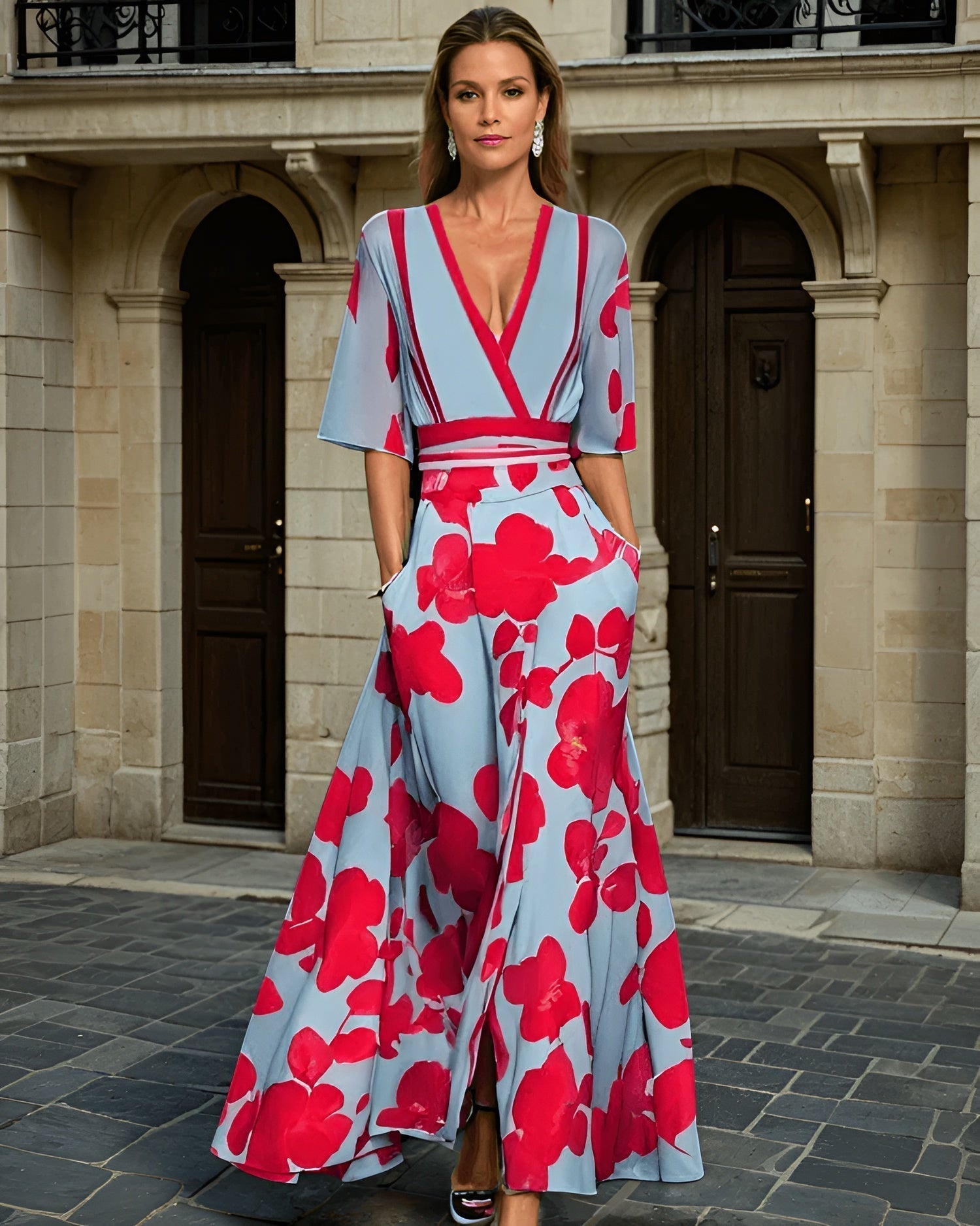 Robe Longue Fleurie | Col V & Manches Évasées | Élégante & Fluide