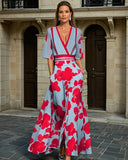 Robe Longue Fleurie | Col V & Manches Évasées | Élégante & Fluide