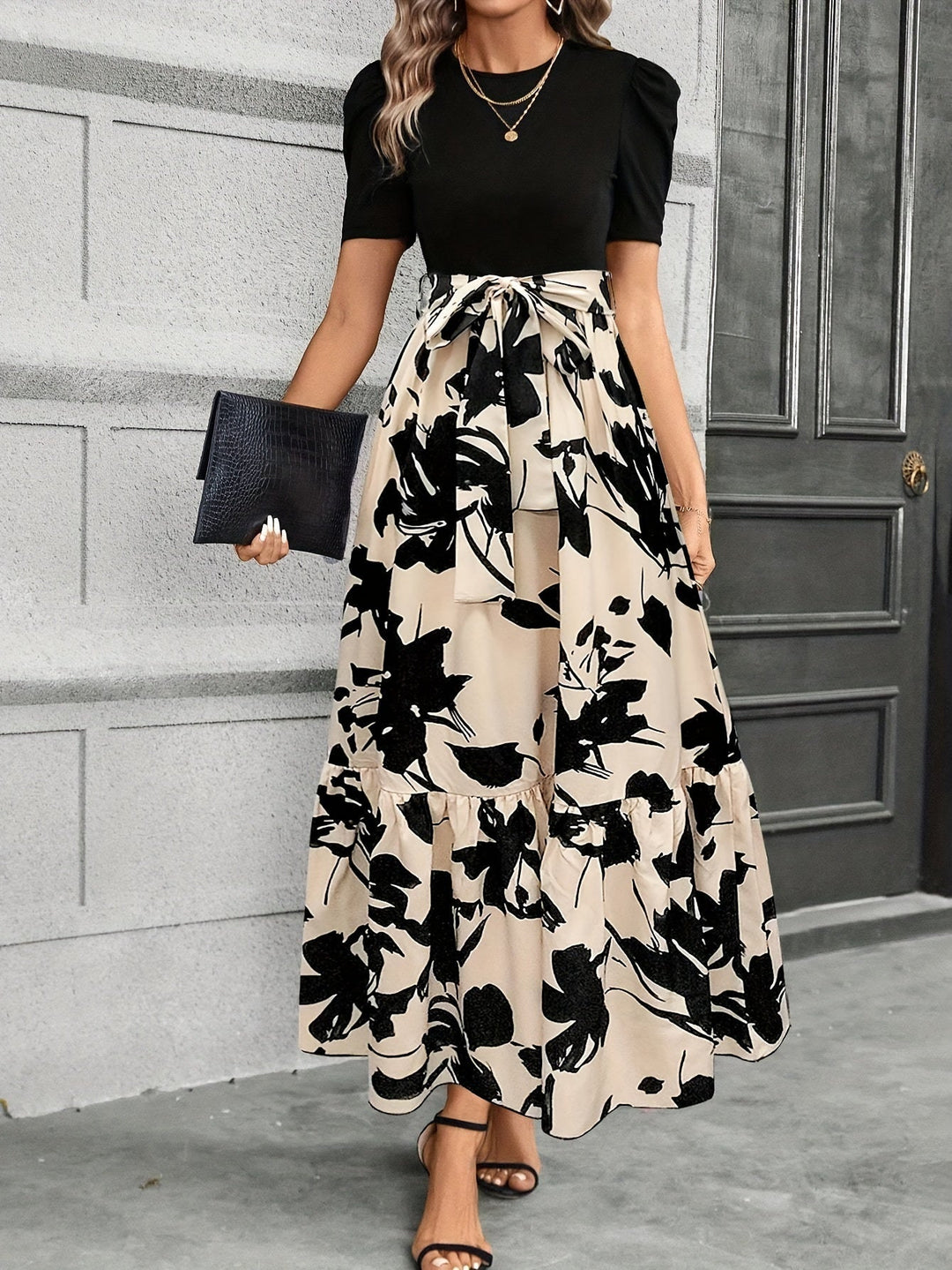 Robe Midi Contrastée Fleurie | Couleur Mixte | Chic et Féminine