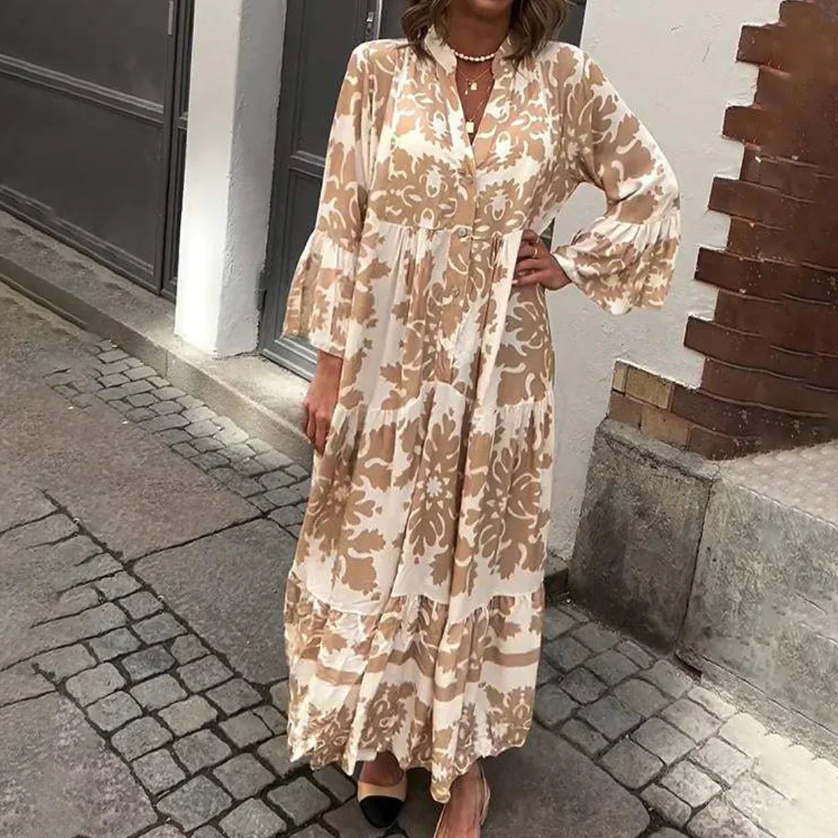 Robe Chemise Longue Imprimé Bohème | Tissu Fluide | Élégante et Décontractée