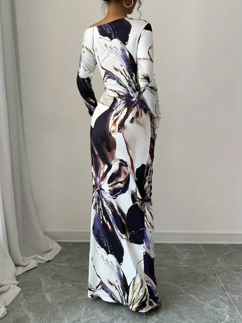 Robe Longue Épaules Dénudées | Coupe Étroite | Imprimé Artistique