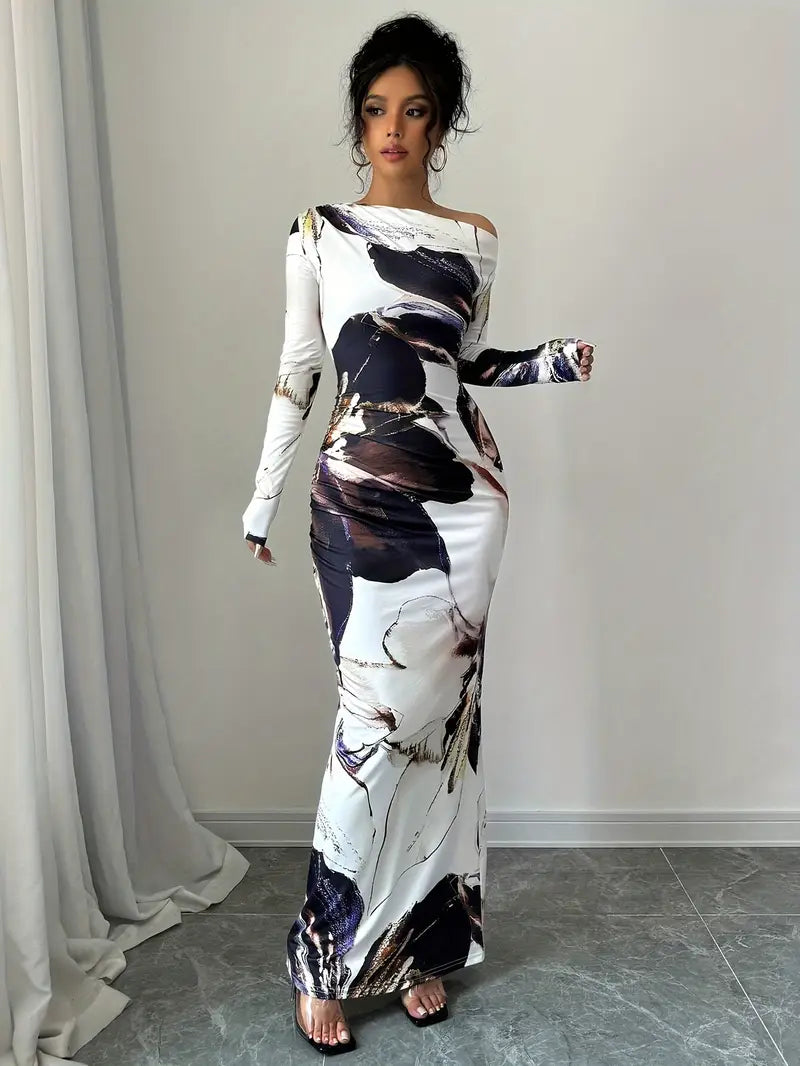 Robe Longue Épaules Dénudées | Coupe Étroite | Imprimé Artistique