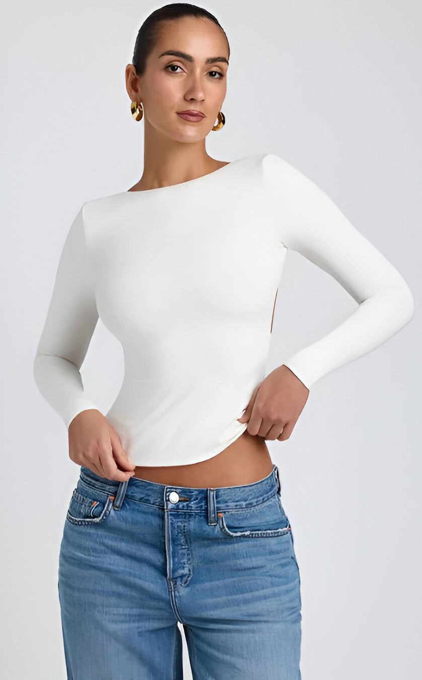 Top Dos Nu Manches Longues | Blanc & Noir | Élégant et Minimaliste