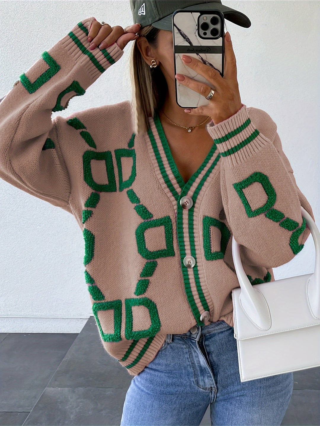 Cardigan Oversize en Maille | Motif Géométrique | Confort & Tendance