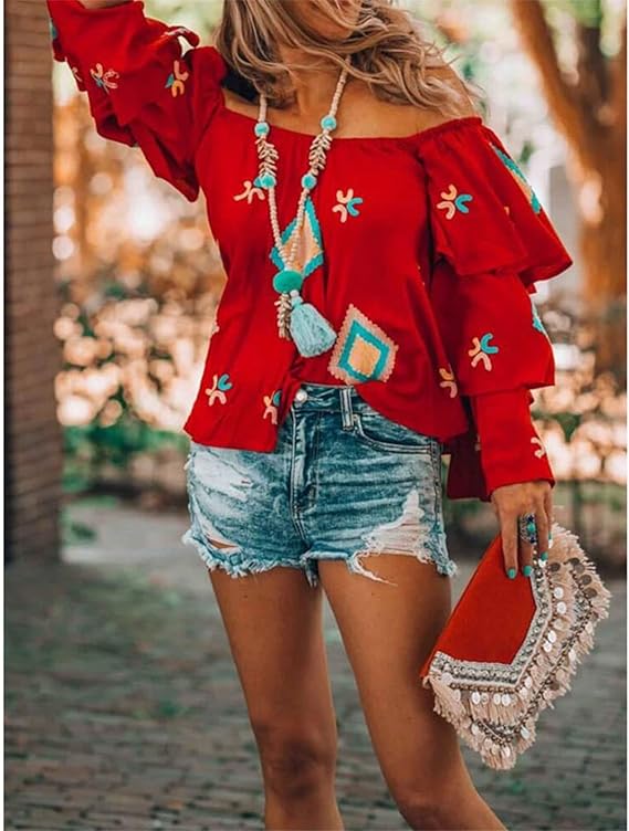 Blouse Bohème Épaules Dénudées | Broderies Colorées | Style Festival