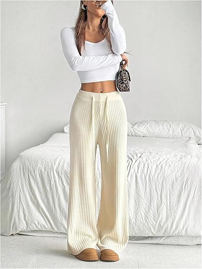 Pantalon Décontracté en Maille Côtelée | Taille Haute | Doux et Confortable