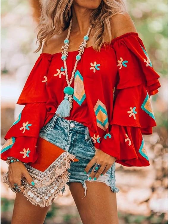 Blouse Bohème Épaules Dénudées | Broderies Colorées | Style Festival