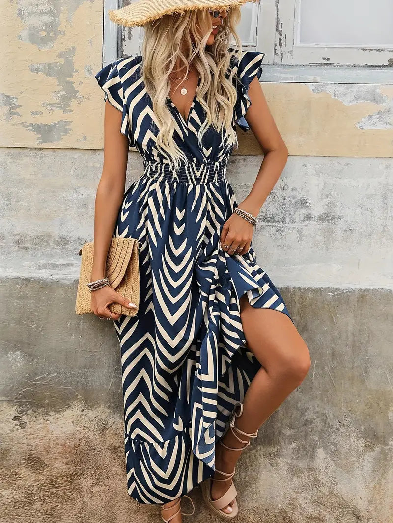Robe Midi à Imprimé Chevron | Élégance Graphique | Fluidité Décontractée