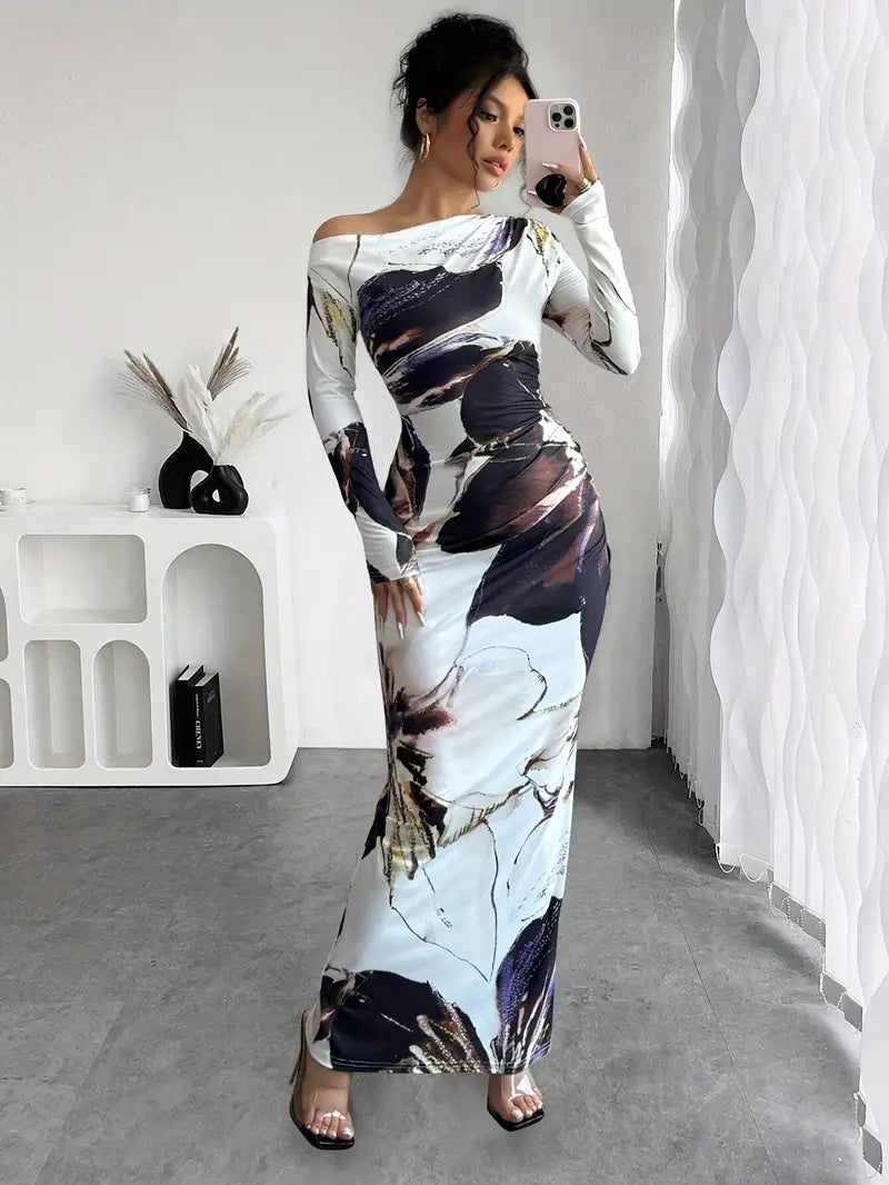 Robe Longue Épaules Dénudées | Coupe Étroite | Imprimé Artistique