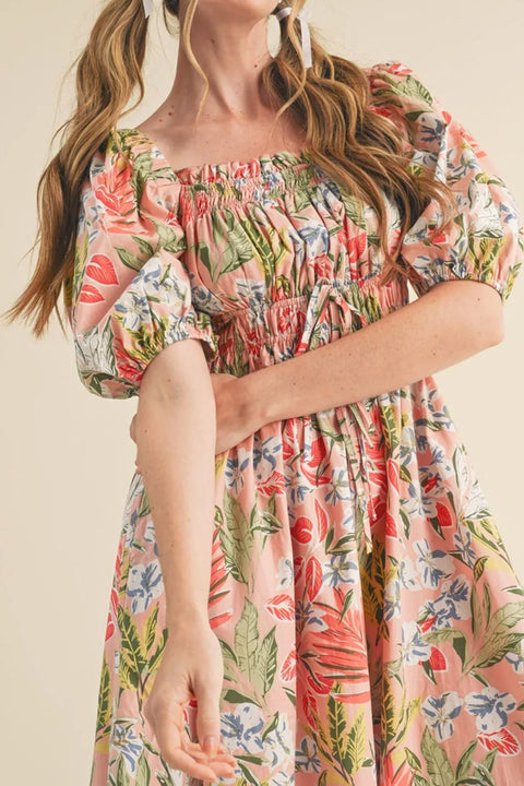 Robe Midi Fleurie Smockée | Rose Abricot | Romantique & Féminine