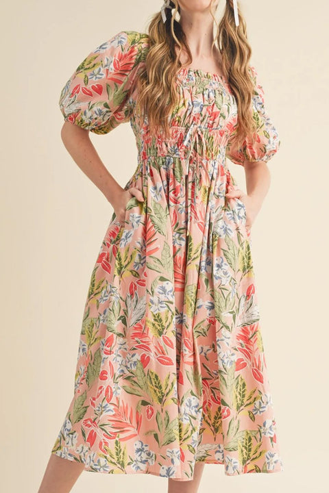 Robe Midi Fleurie Smockée | Rose Abricot | Romantique & Féminine