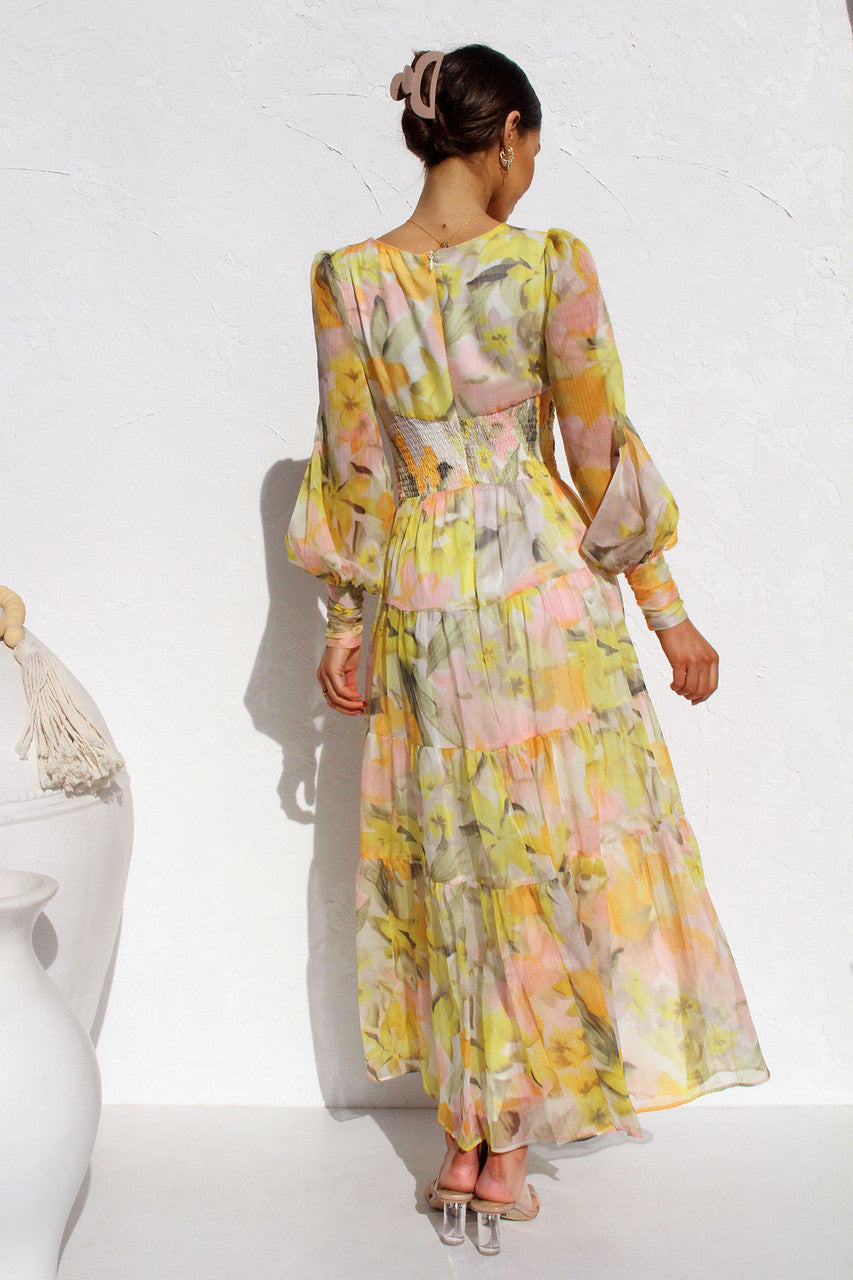 Robe Longue en Mousseline Fleurie | Manches Longues | Élégance Légère et Aérienne