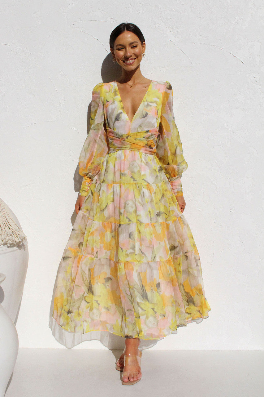 Robe Longue en Mousseline Fleurie | Manches Longues | Élégance Légère et Aérienne