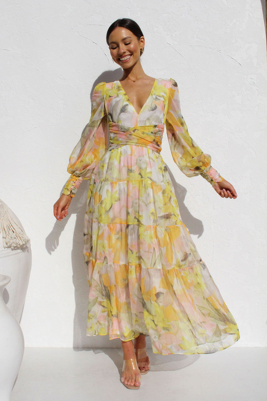 Robe Longue en Mousseline Fleurie | Manches Longues | Élégance Légère et Aérienne