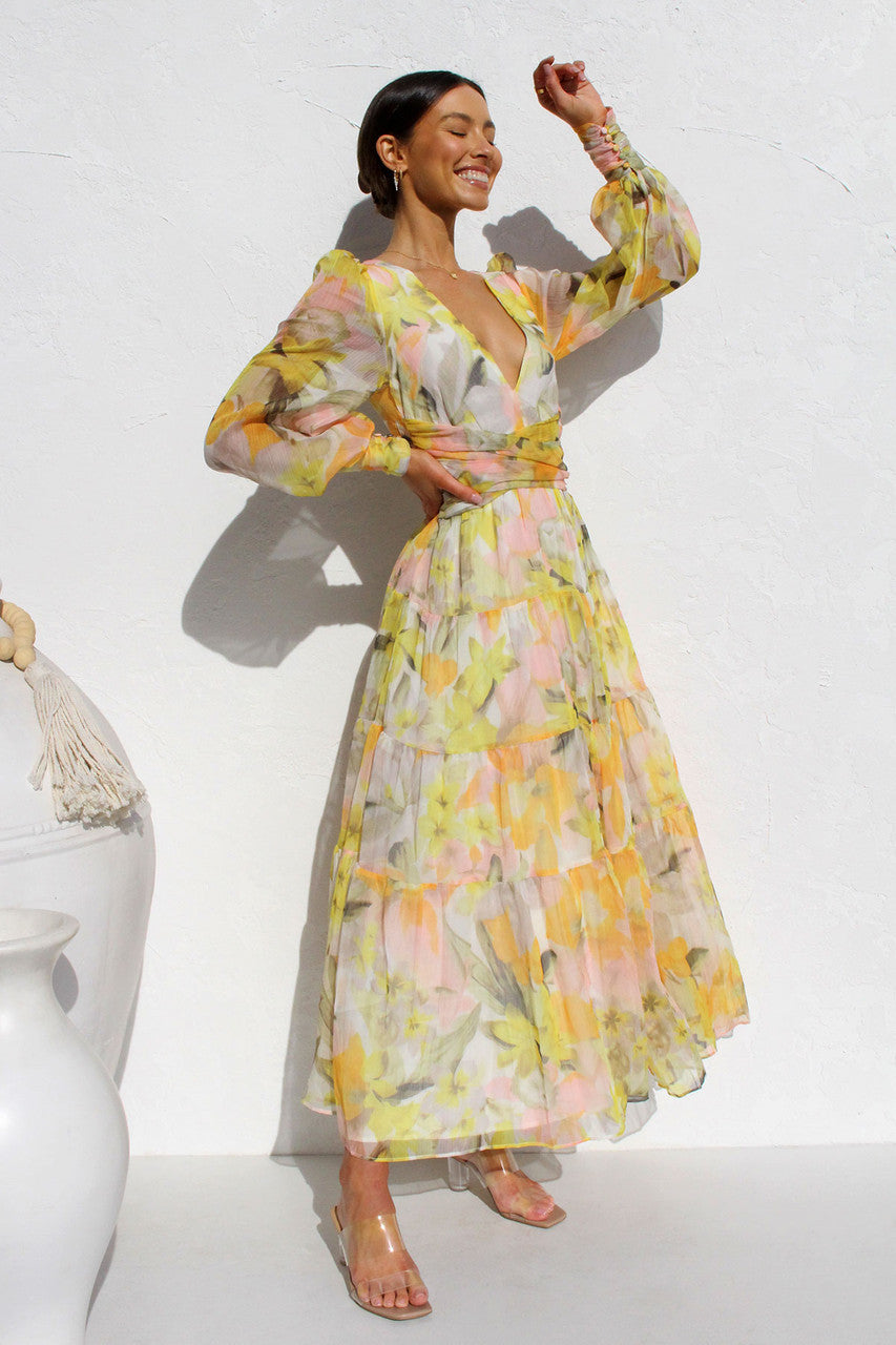 Robe Longue en Mousseline Fleurie | Manches Longues | Élégance Légère et Aérienne